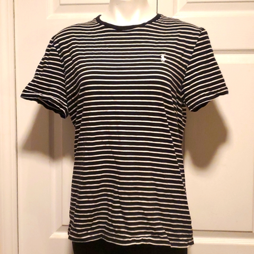 Polo Ralph Lauren Women's Black/White Stripes Tee - Size Large